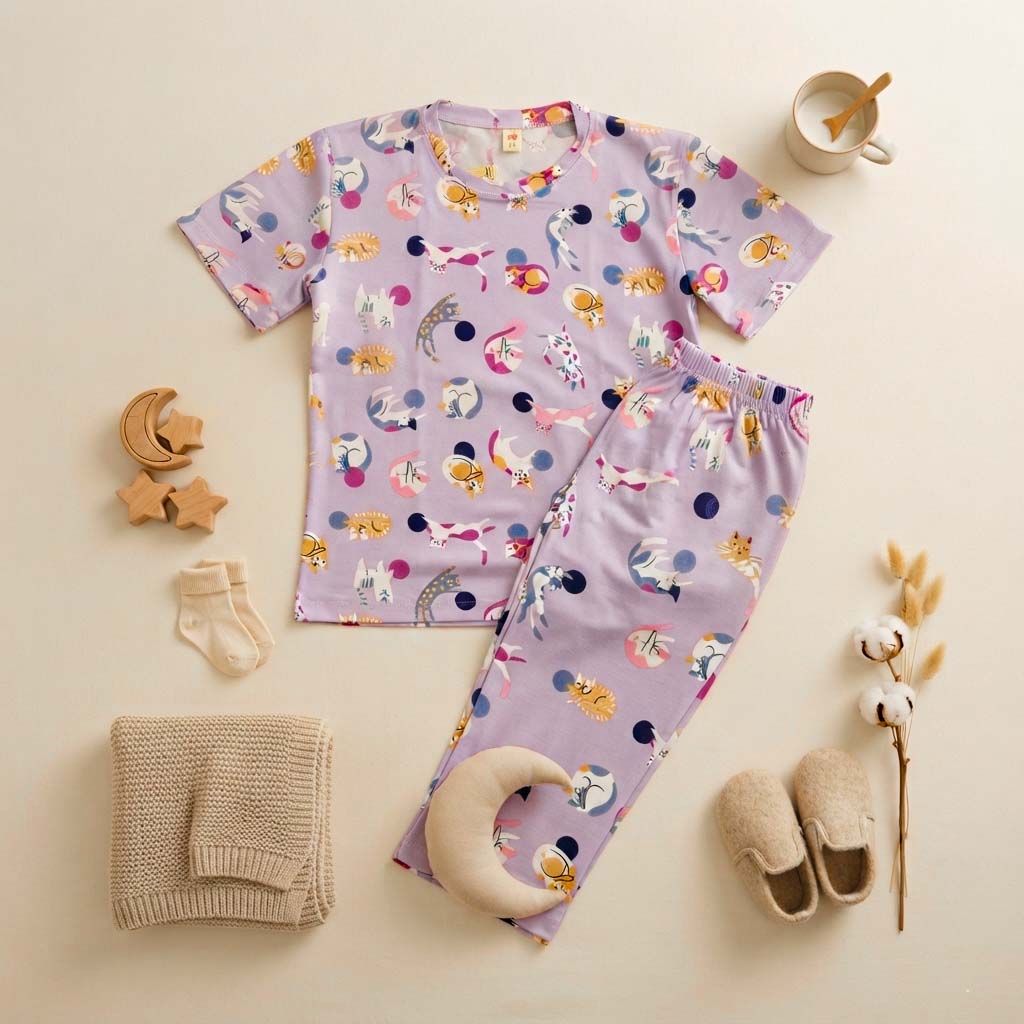Baby Cartoon Cat Half Sleeve Kids Suit