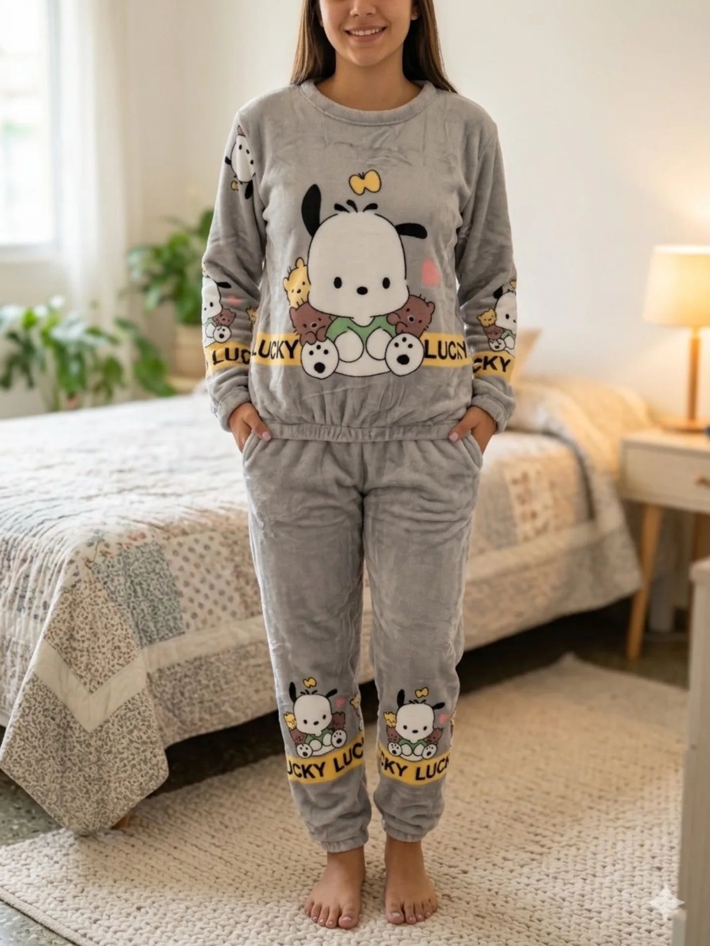 Winter Premium Fleece Grey Playful Pochacco Printed Night Suit