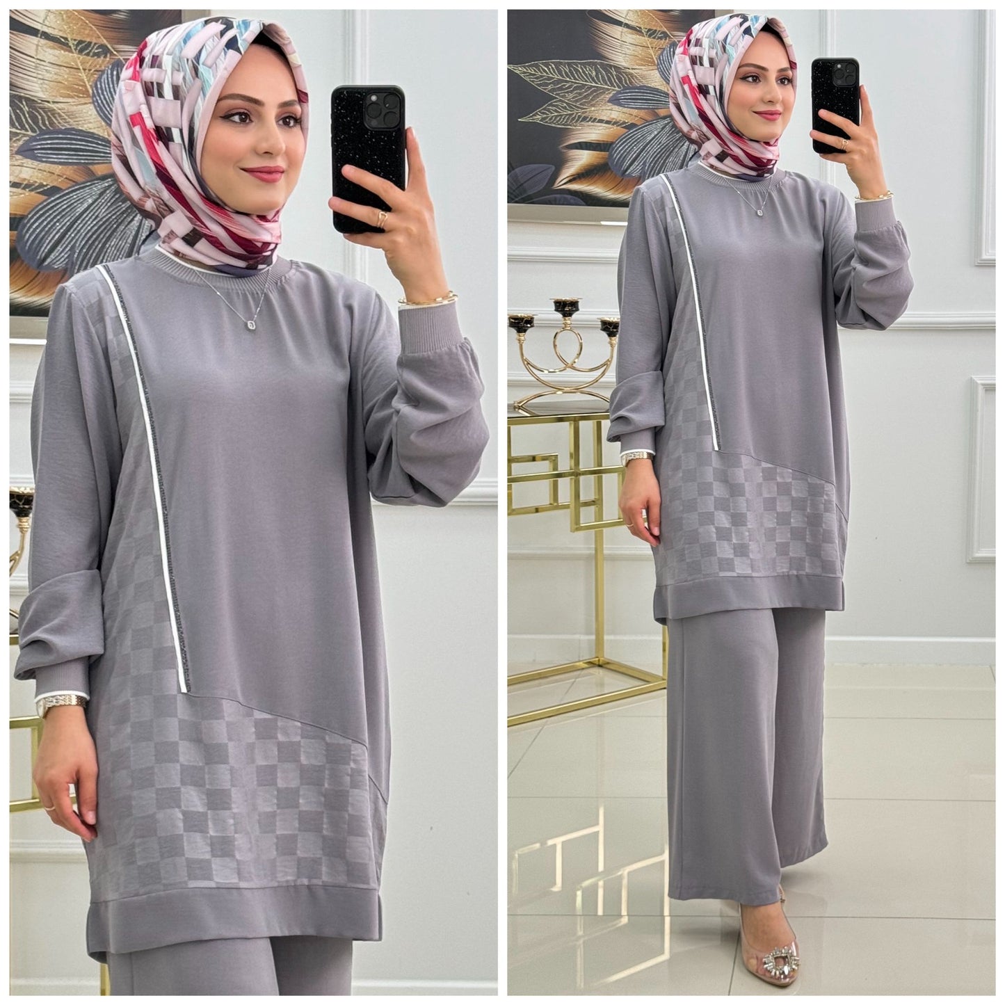 Winter Grey Mosaic Printed Long Sleeves Co-Ord Sets