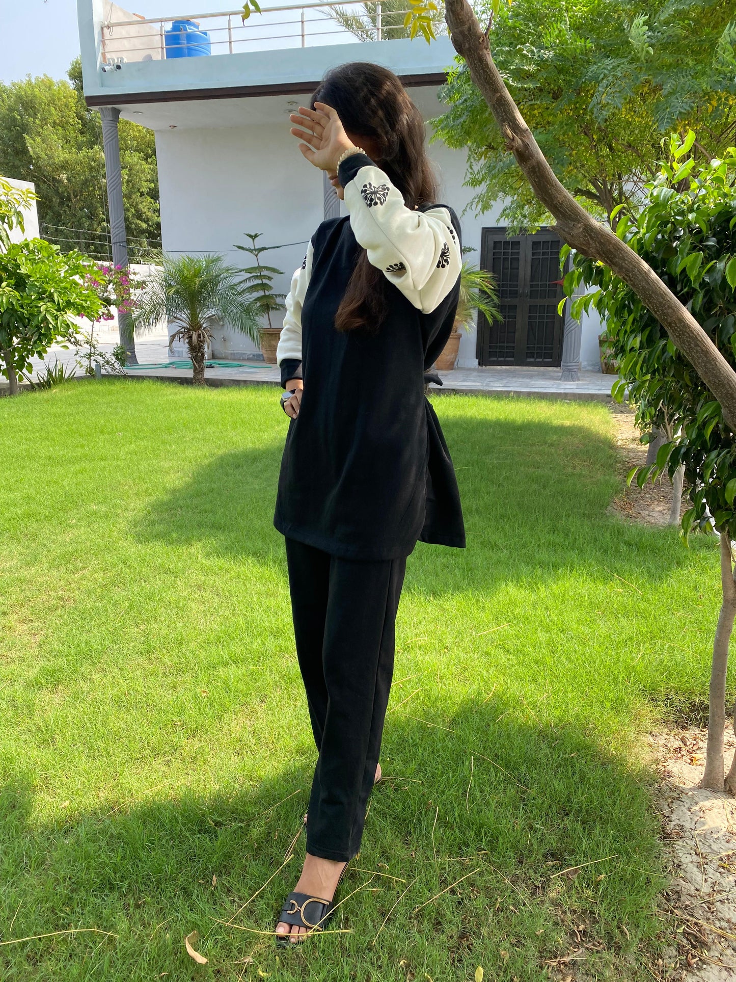 Winter Black Frock Style Printed Long Sleeves 2 PC Co-Ord Set