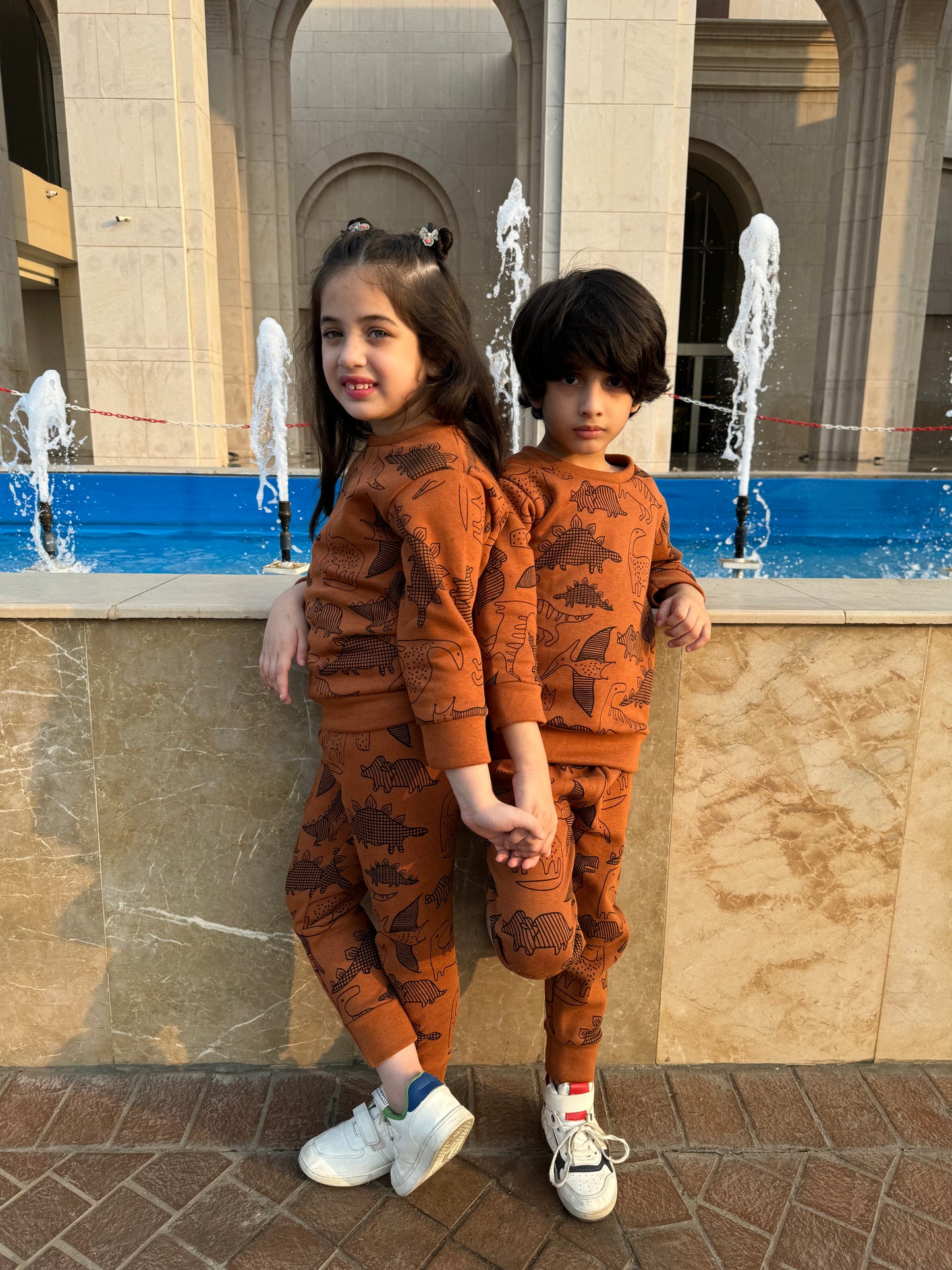 Brown Dinosaur Printed Kids Winter Suit