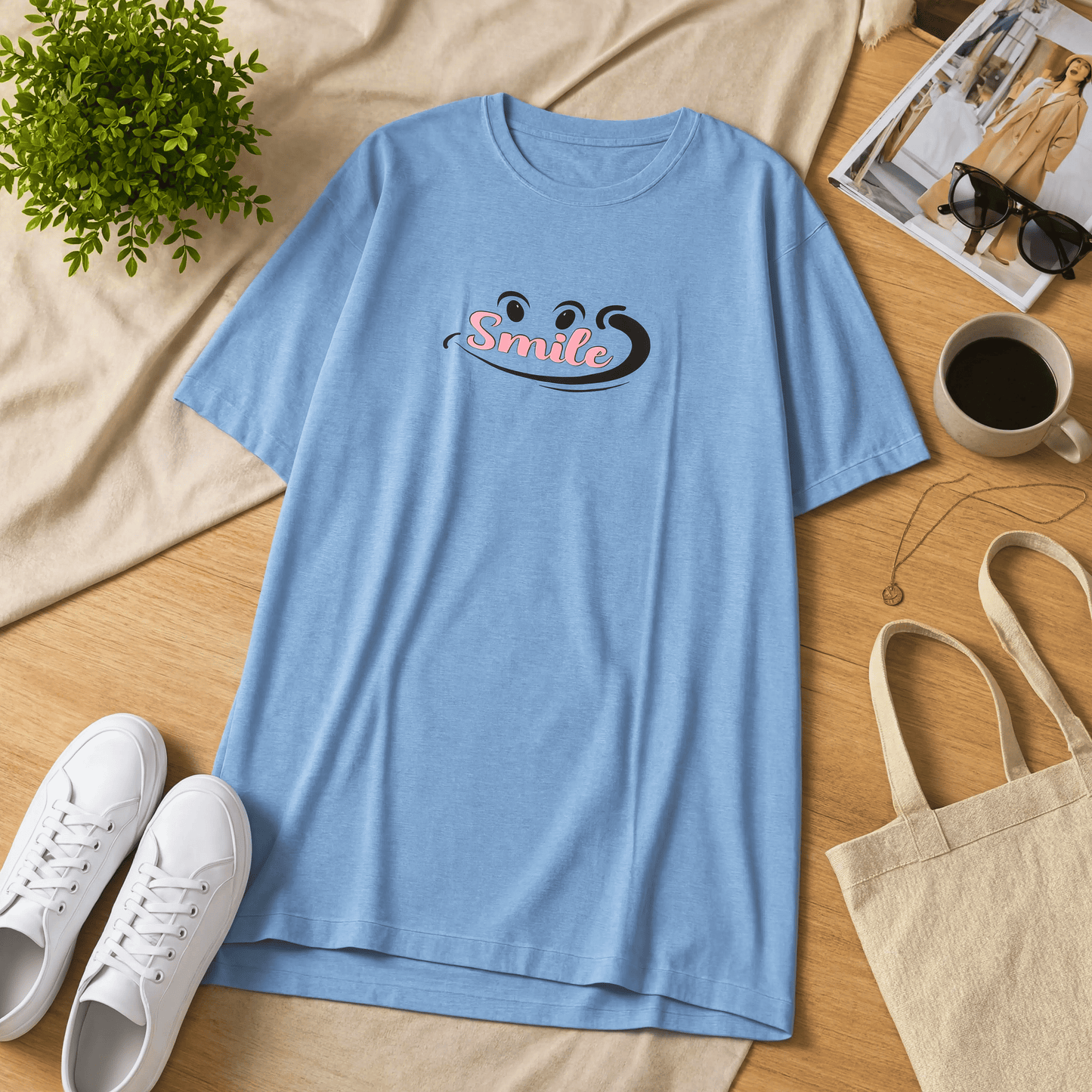 Just Smile Printed Blue Long T Shirt