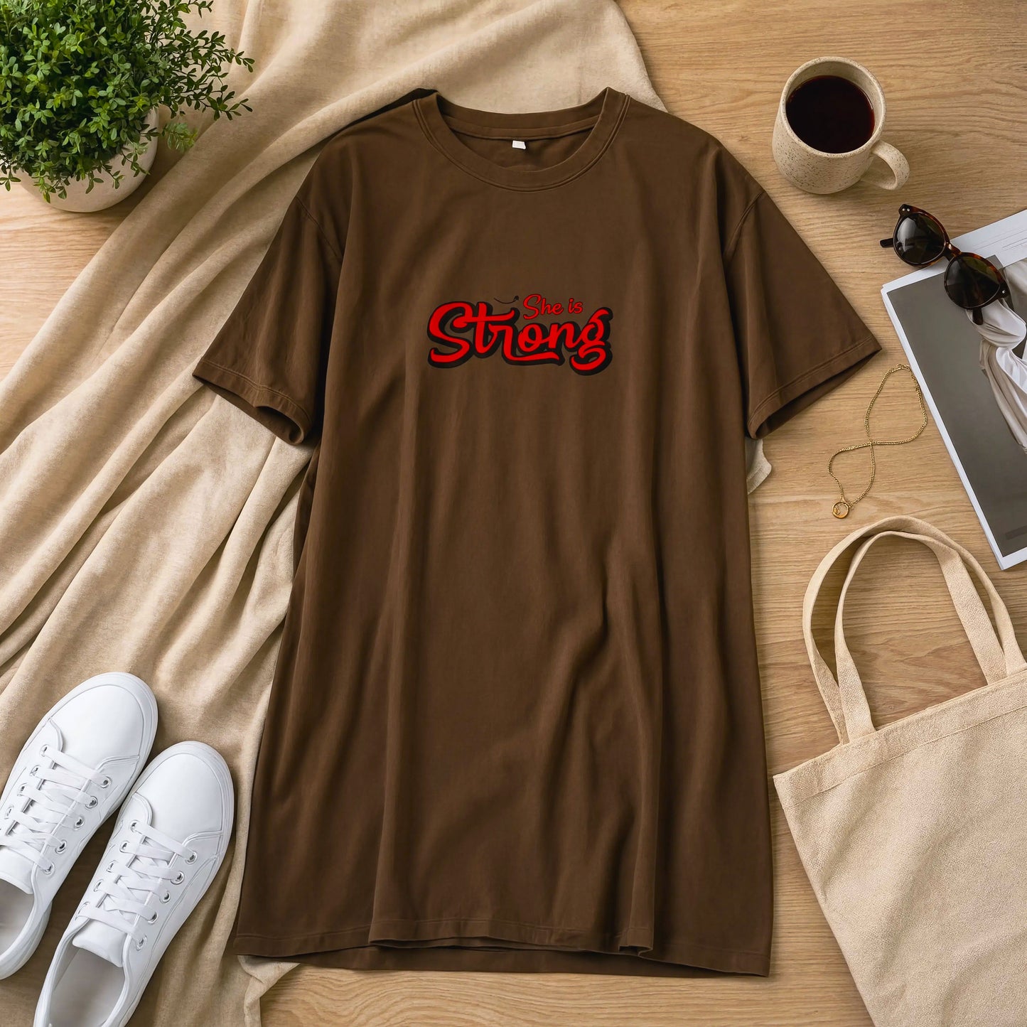 Beautiful Life Printed Brown Long T Shirt