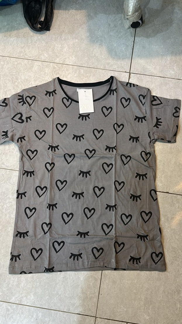 Grey Heart Pattern Printed Night Suit