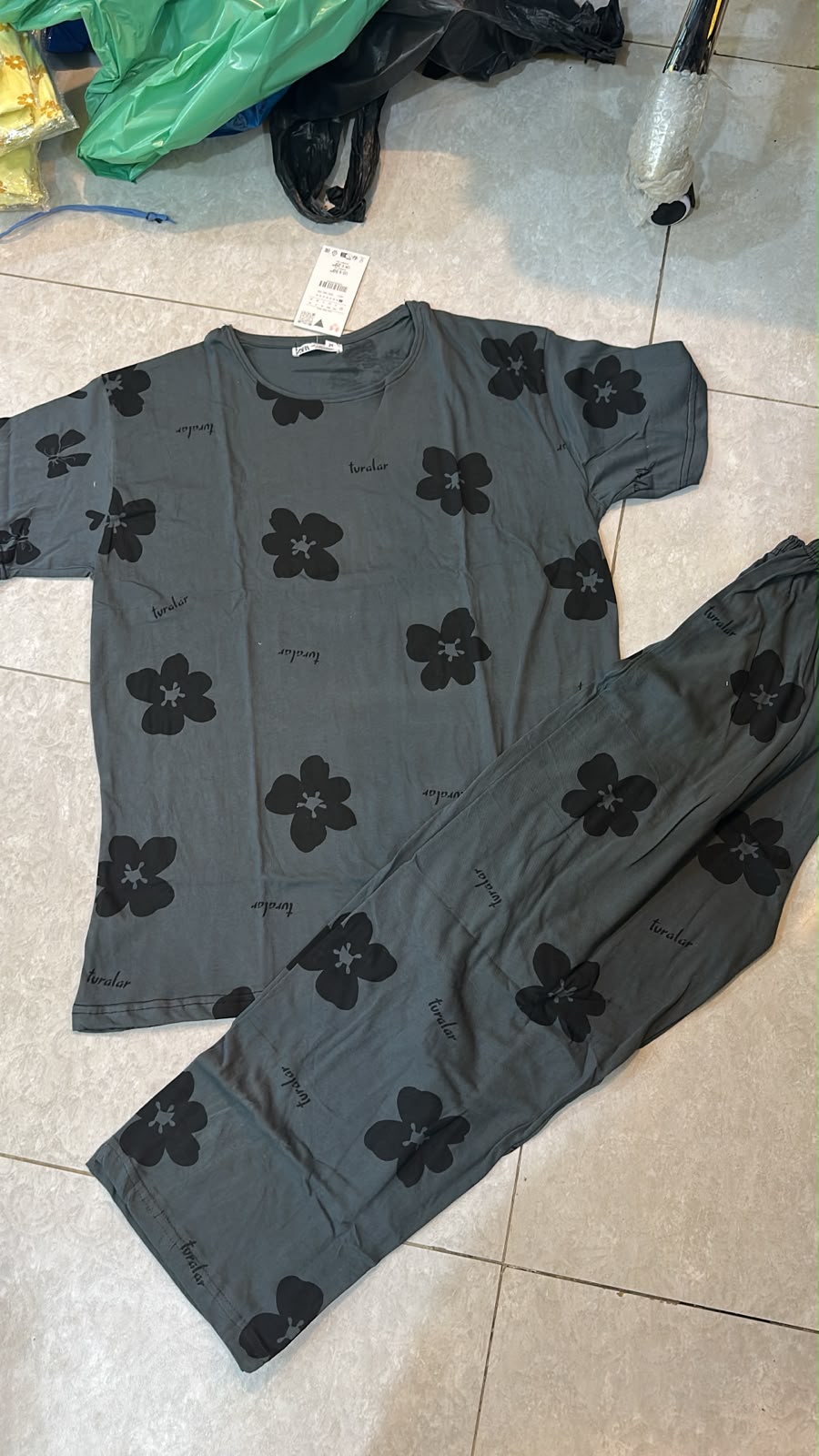 Grey & Black Flower Printed Night Suit