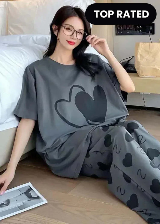 Grey Double Heart Half Sleeve Printed Night Suits