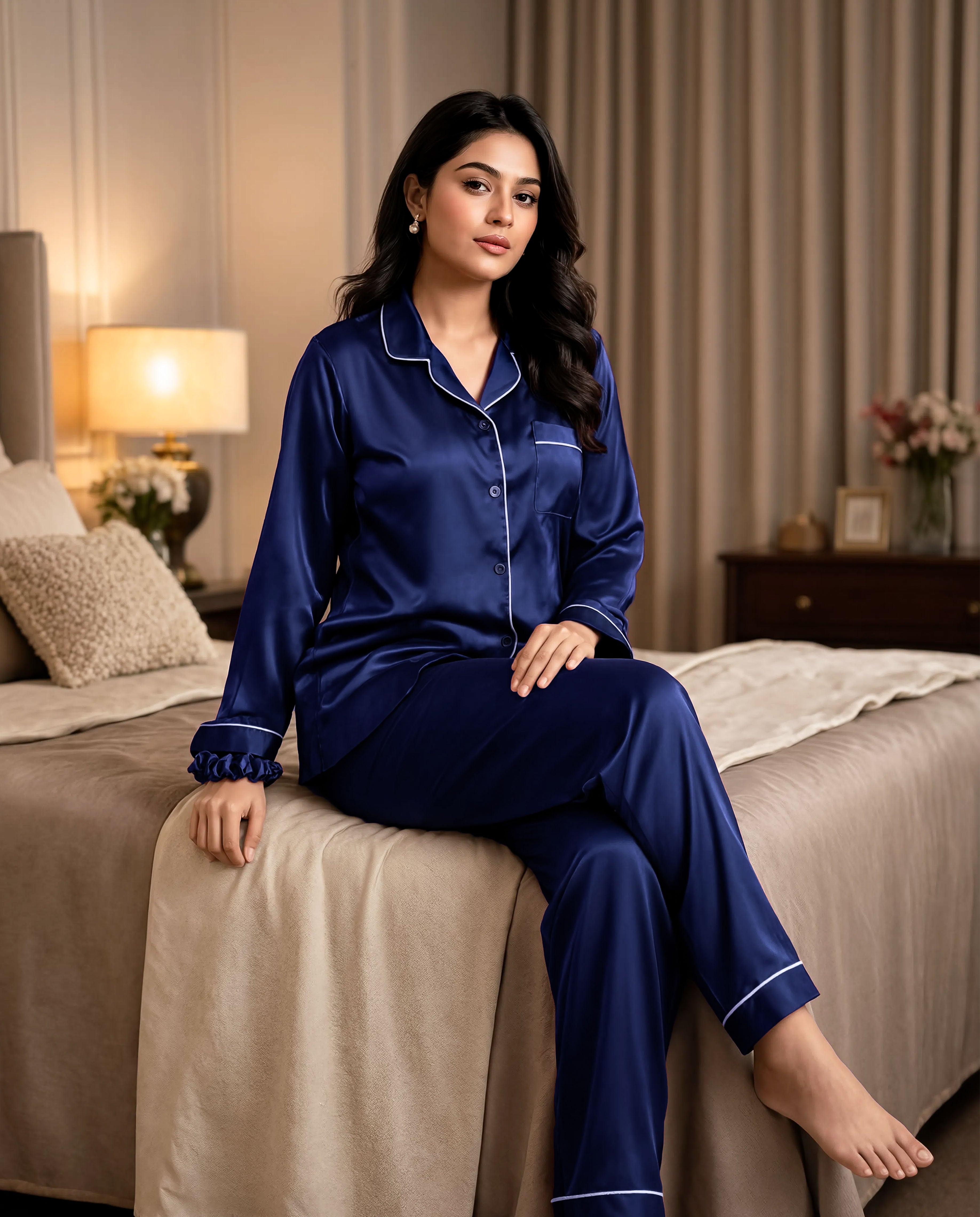 Navy Blue Satin Silk Pj Set
