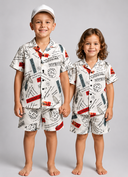 Alphabet Print Kids Linen Half Sleeve Tee & Shorts Set