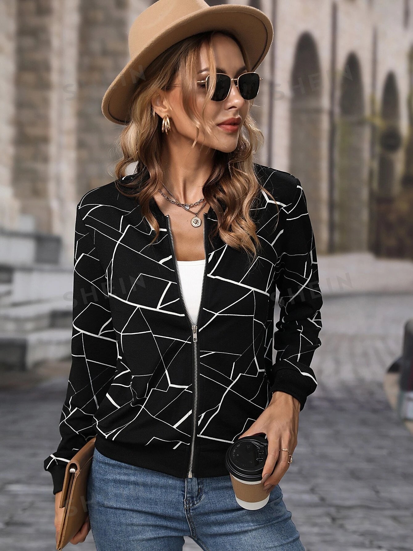 Winter Black Geo Printed Jacket For Women
