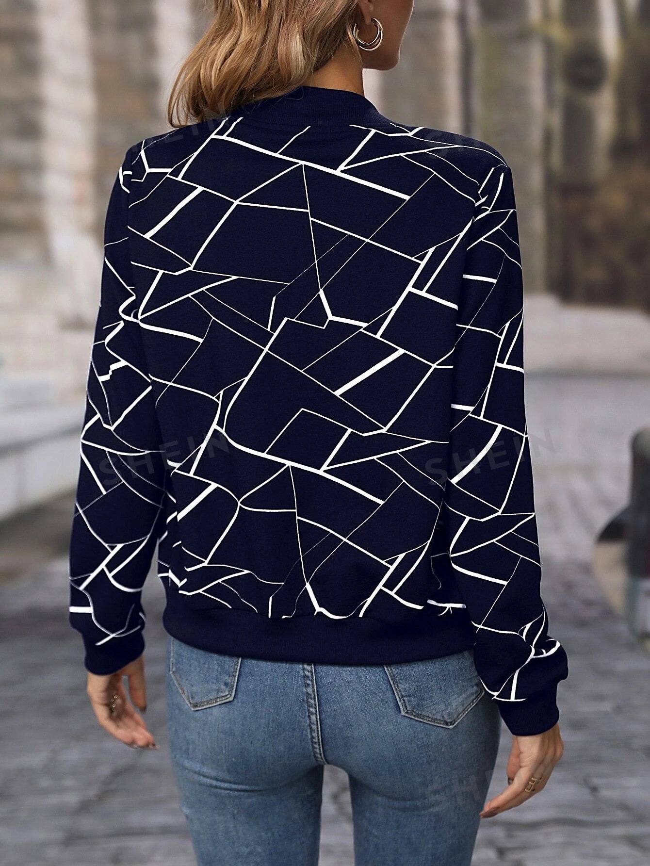 Winter Blue Geo Printed Jacket For Women