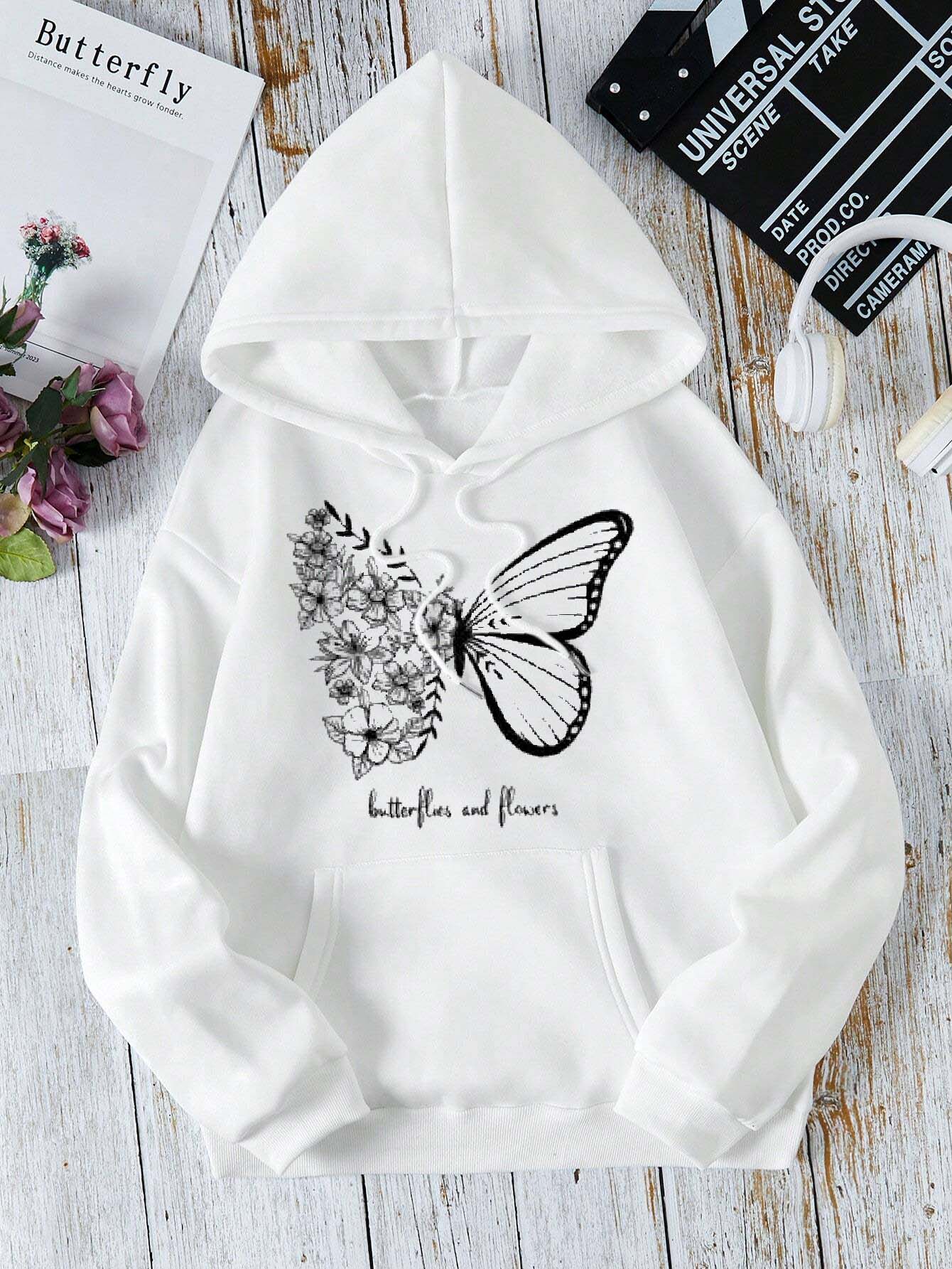 Winter Fleece Fabric Butterfly Printed Hoodie For Women - White