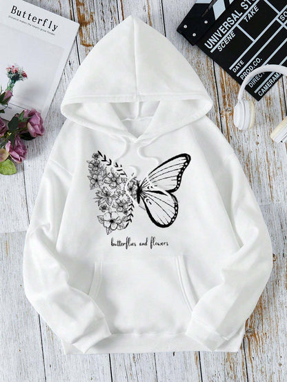 Winter Fleece Fabric Butterfly Printed Hoodie For Women - White