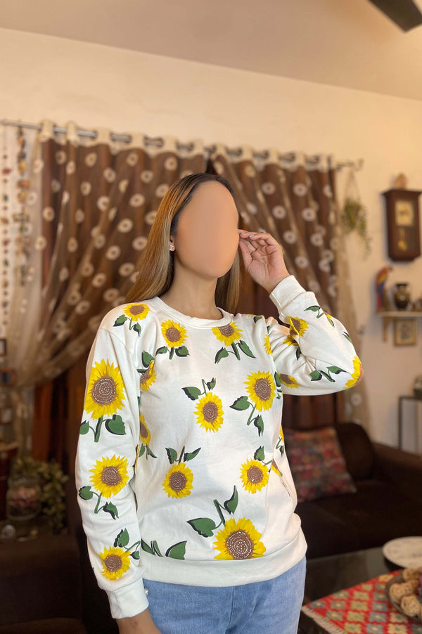 Winter Fleece Fabric Sunflowers Printed Sweatshirt For Women