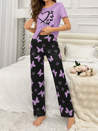Heart and Butterfly Printed Night Suit