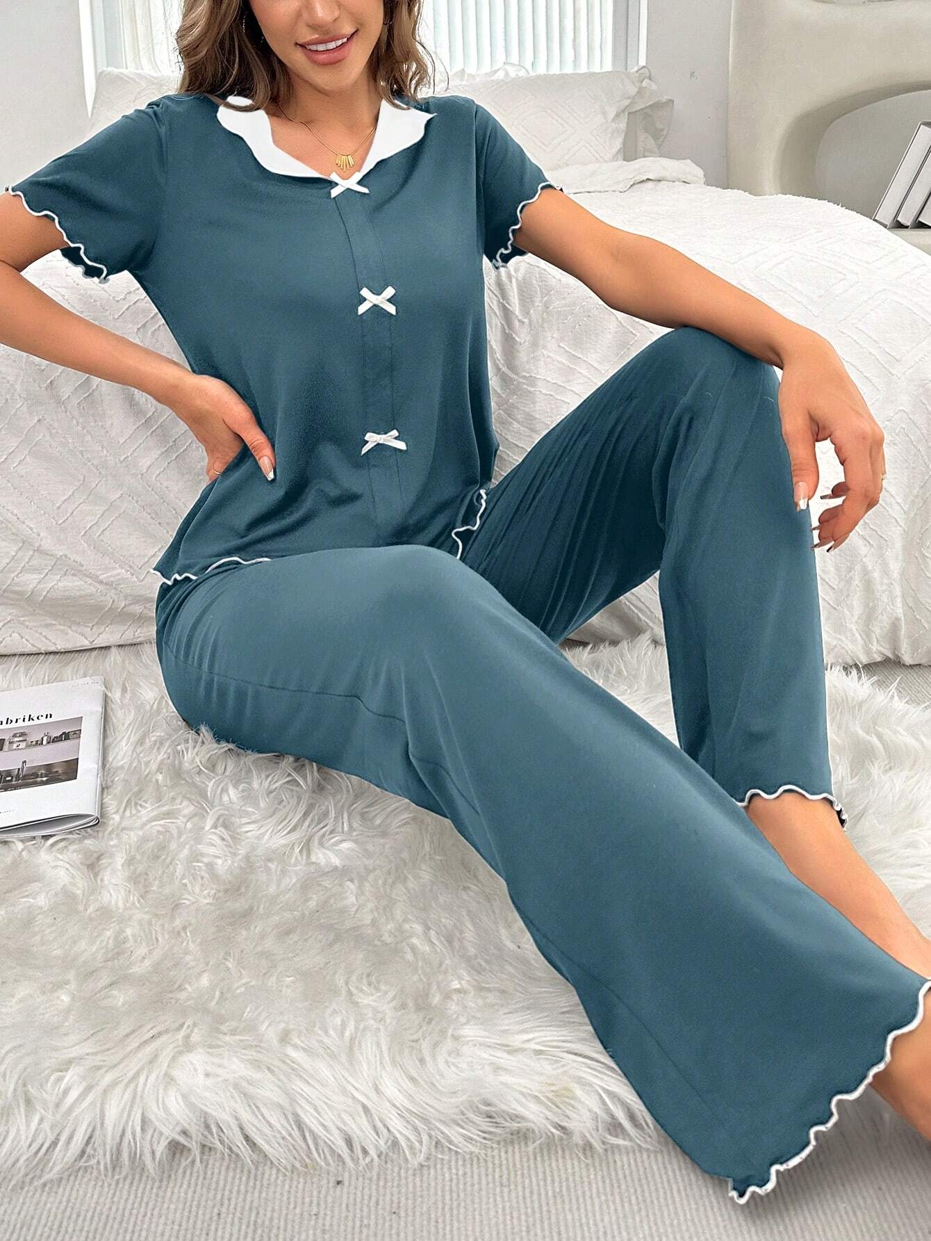 Navy Blue Bow Knott Printed Night Suit