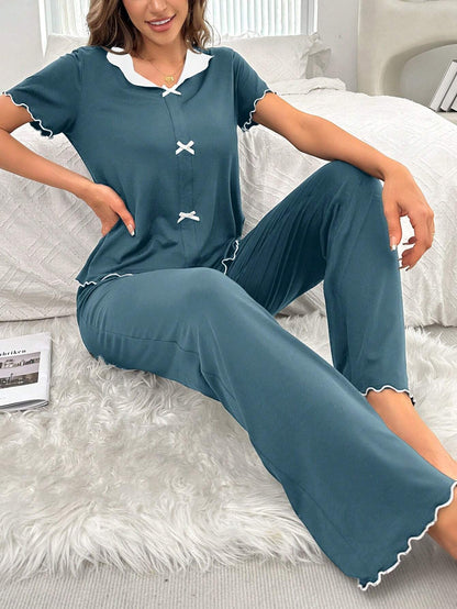 Navy Blue Bow Knott Printed Night Suit