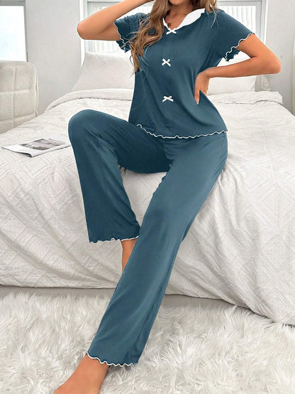 Navy Blue Bow Knott Printed Night Suit