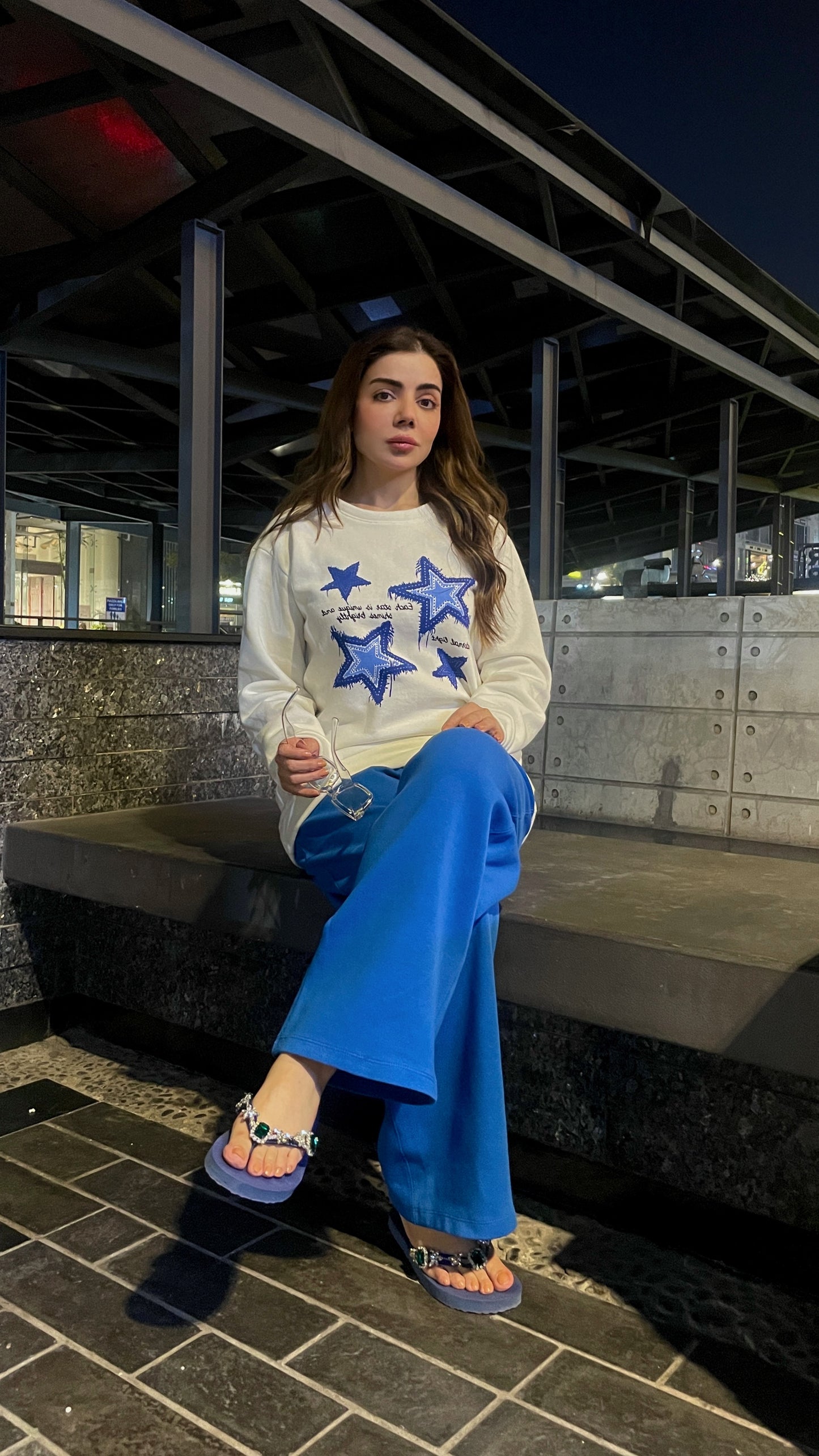 Winter Stars Printed White Sweatshirt