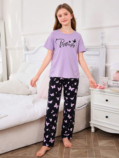 Purple Half Sleeve Butterfly Printed Night Suit (7-16 Years)