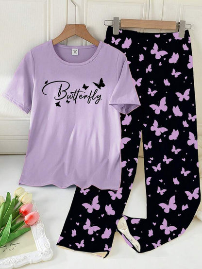 Purple Half Sleeve Butterfly Printed Night Suit (7-16 Years)
