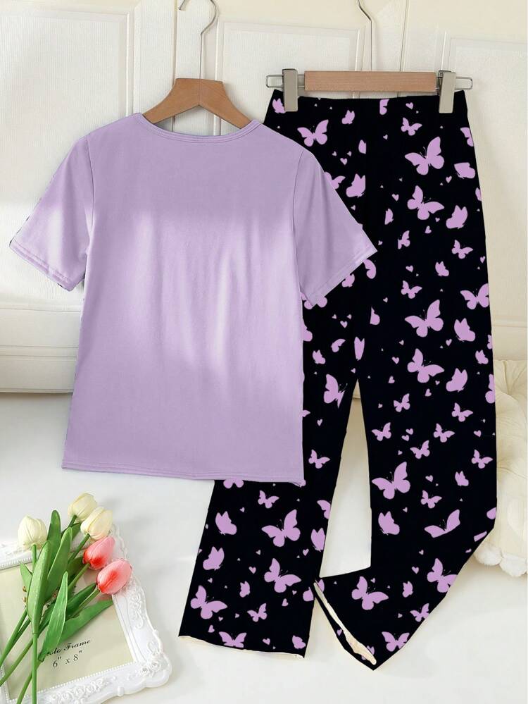 Purple Half Sleeve Butterfly Printed Night Suit (7-16 Years)