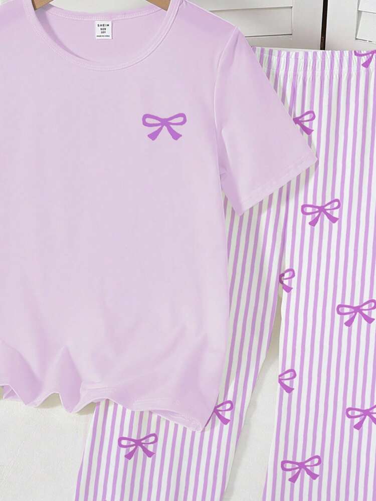Purple Ribbon Printed Half Sleeve Night Suit (7-16 Years)