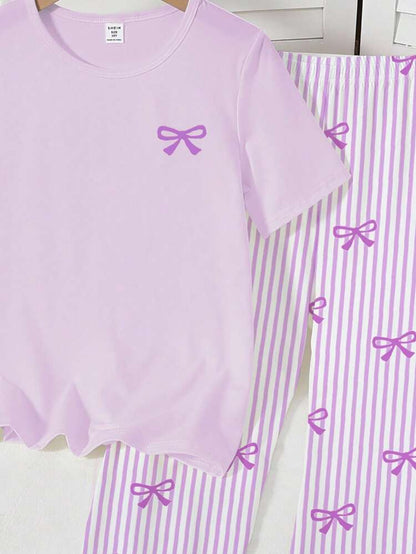 Purple Ribbon Printed Half Sleeve Night Suit (7-16 Years)