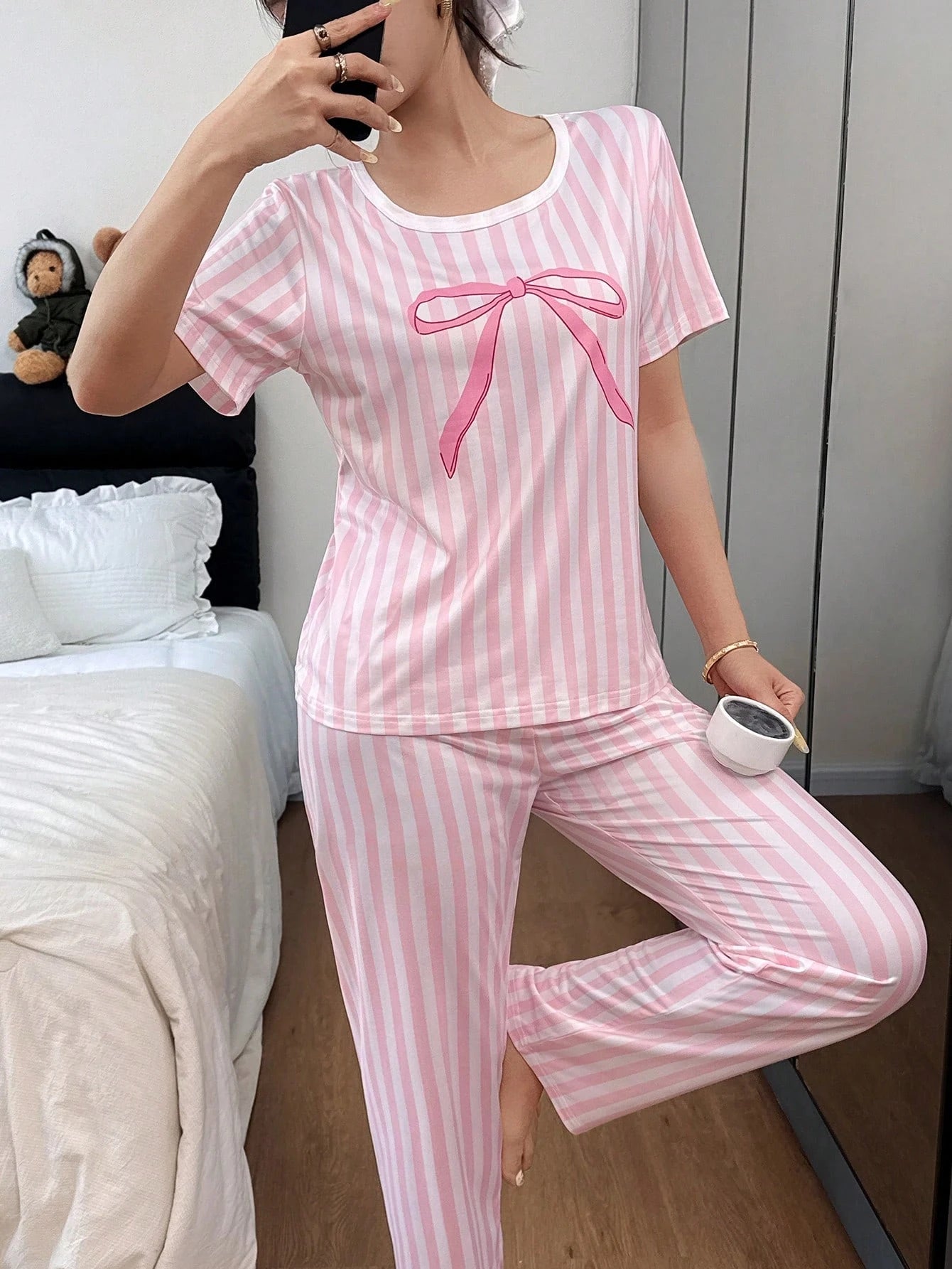Baby Pink Ribbon Printed Night Suit