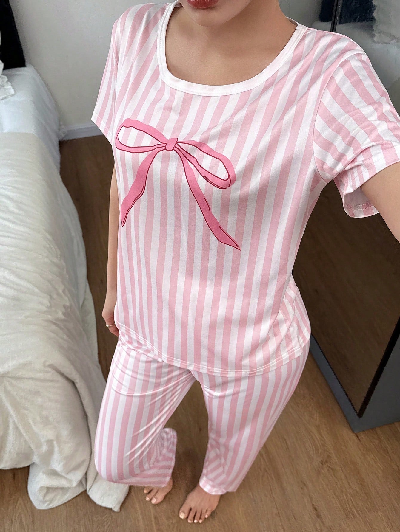 Baby Pink Ribbon Printed Night Suit