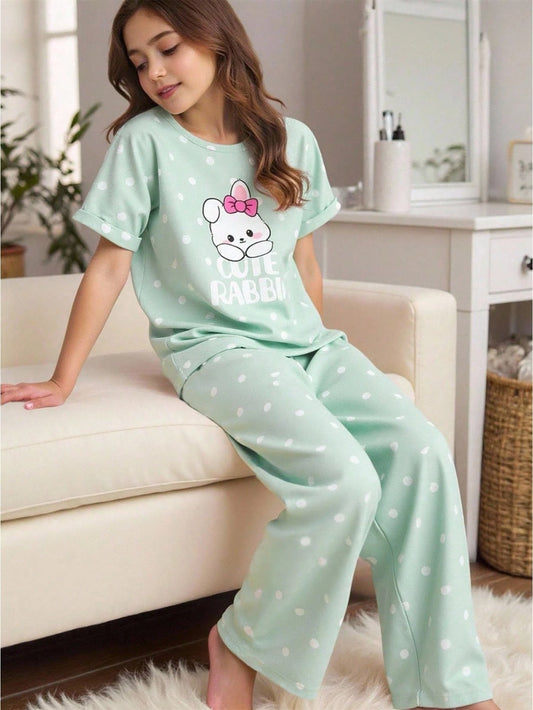 Cute Rabbit Printed Half Sleeve Night Suit (7-16 Years)