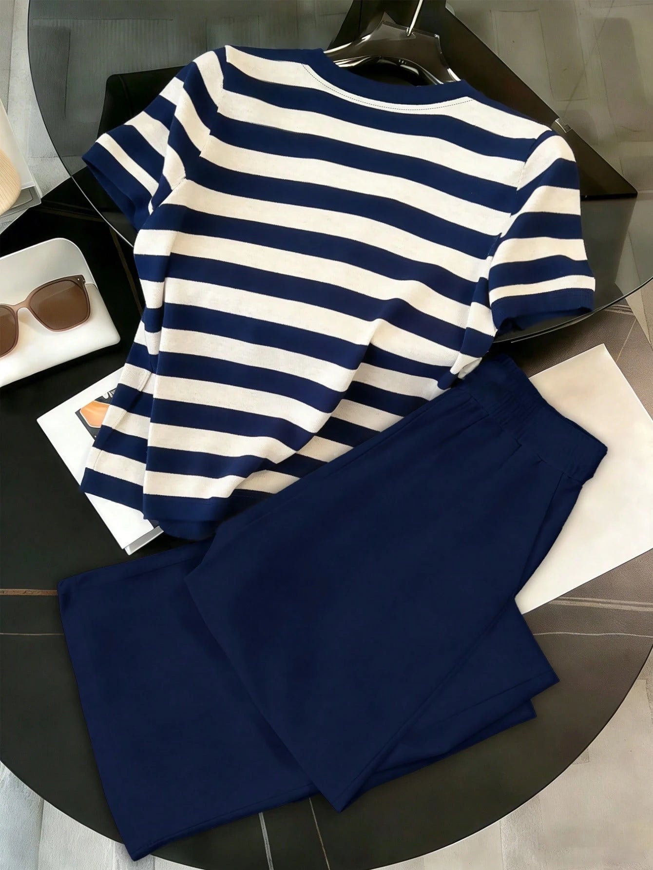Navy Blue Stripe Printed Night Suit