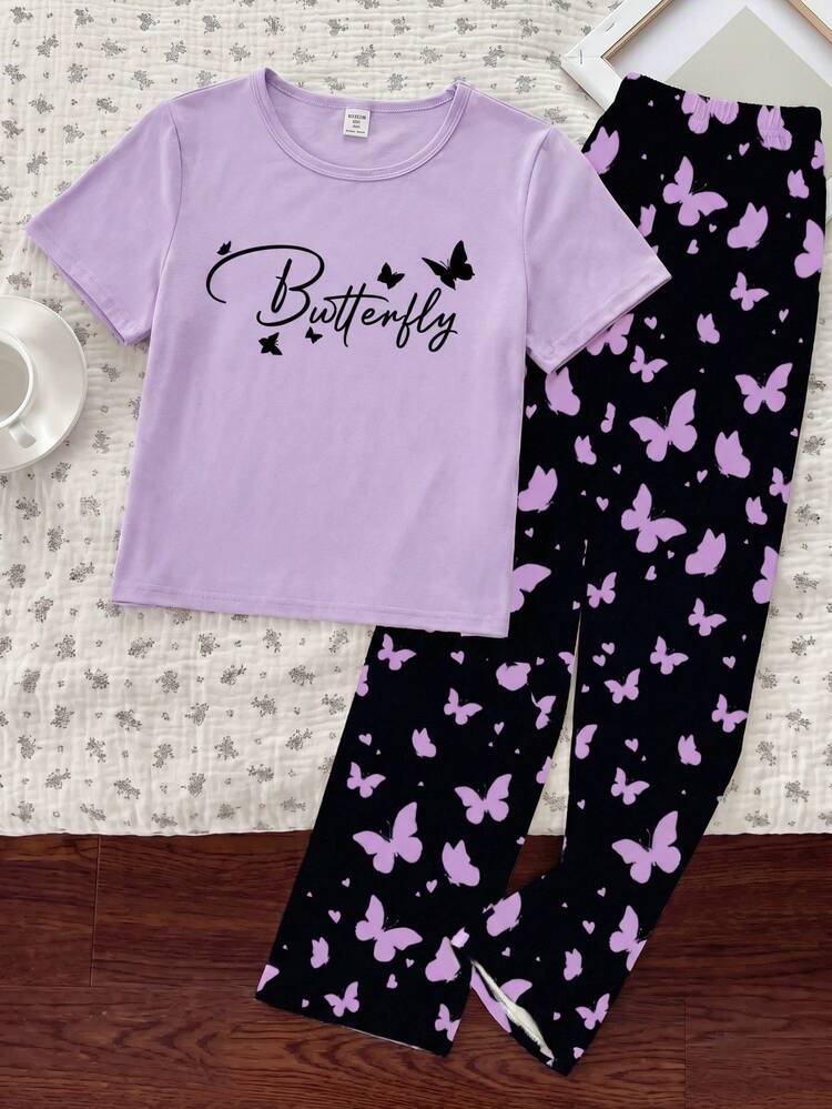 Purple Half Sleeve Butterfly Printed Night Suit (7-16 Years)
