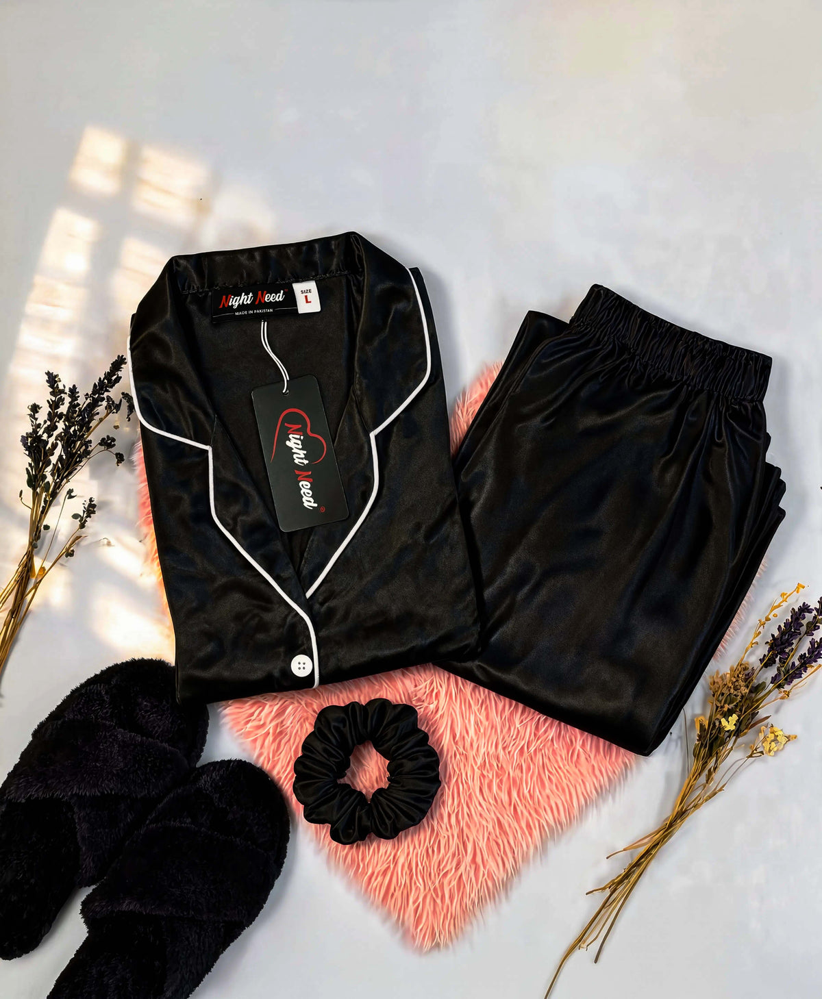 Black Satin Silk Pj Set