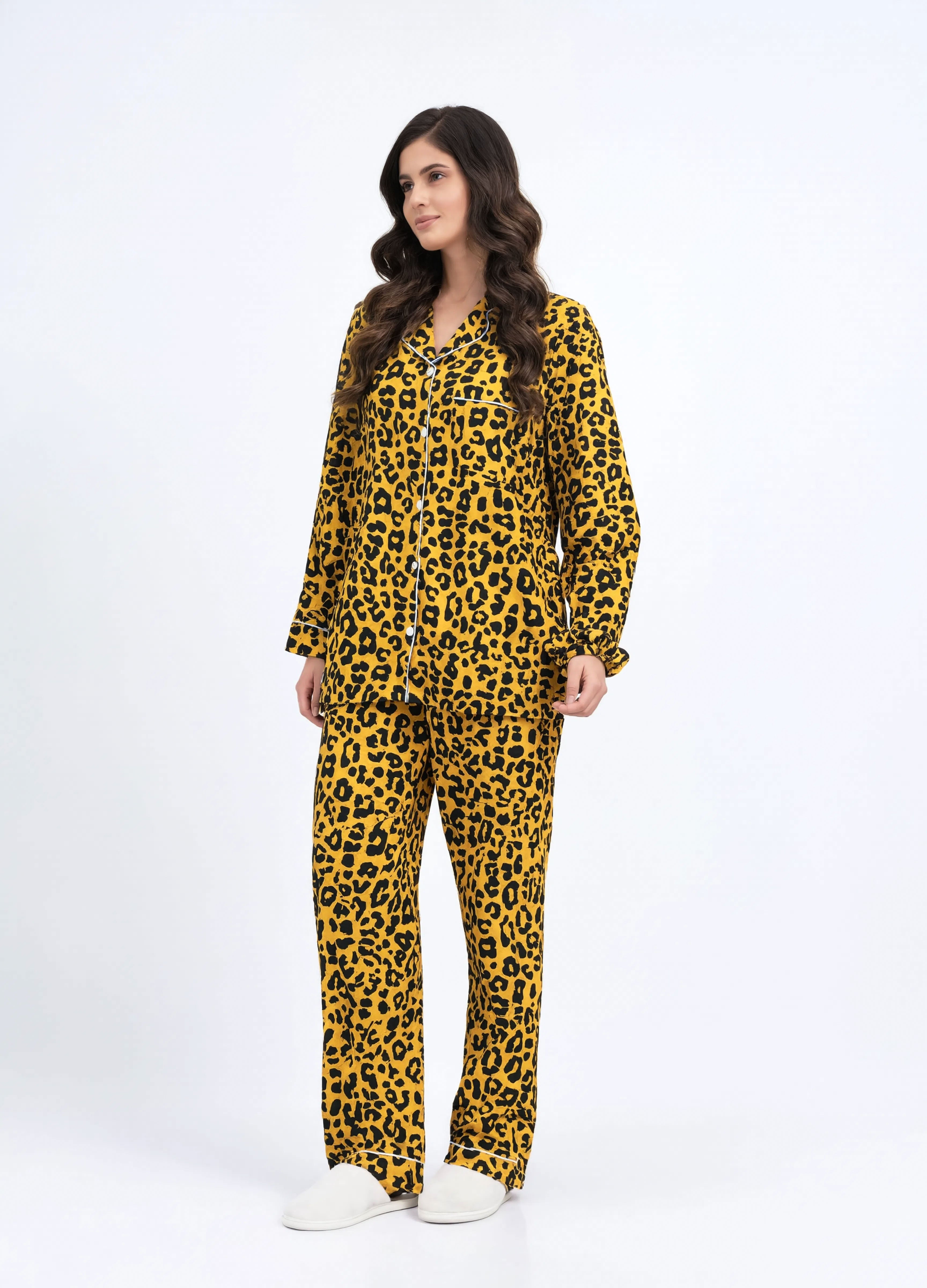 Imported Premium Linen Printed Yellow and Black Leopard Pj Set - PL3