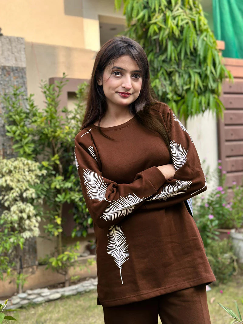 Winter Feather Printed Long Sleeves 2 PC Co-Ord Set