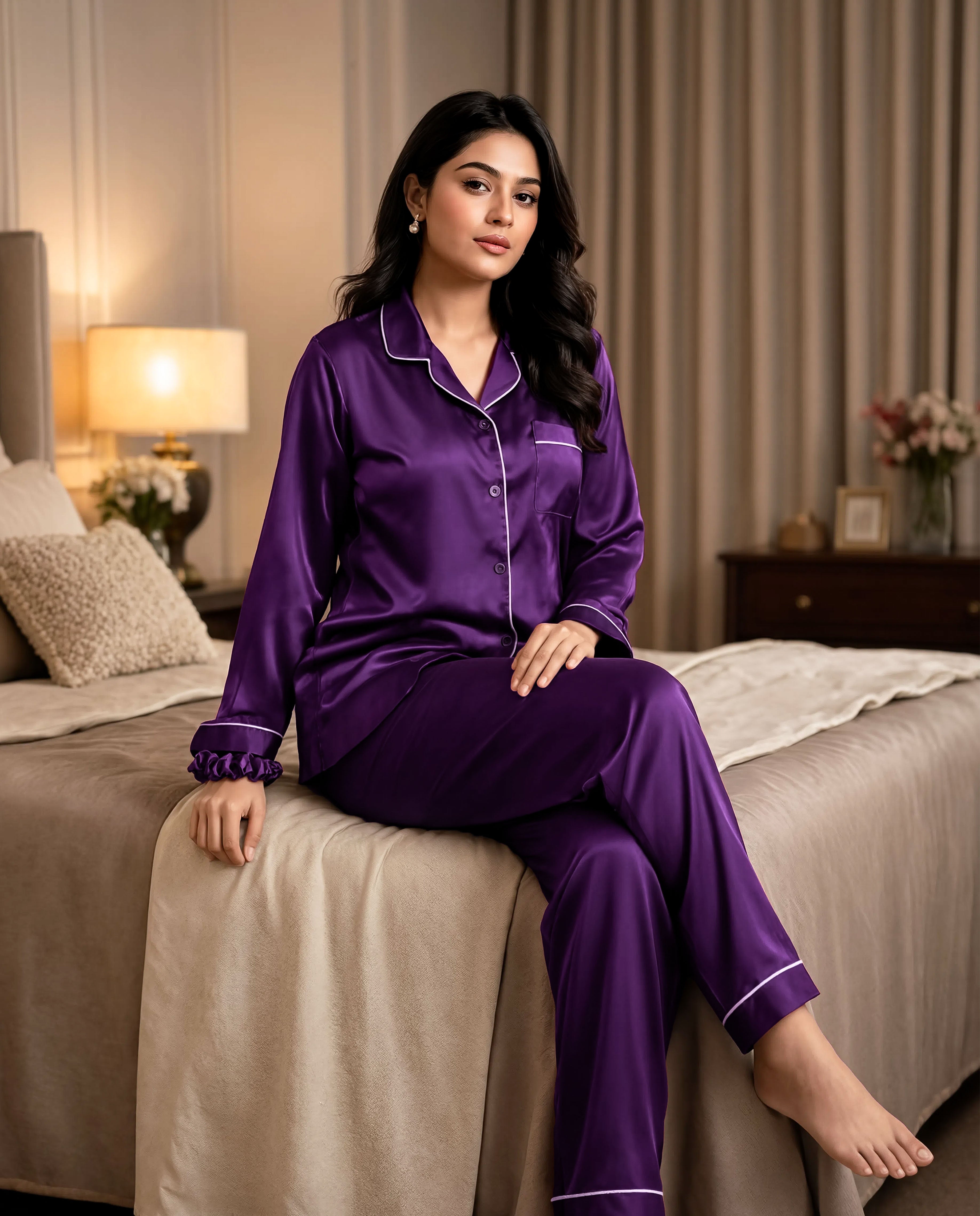 Purple Satin Silk Pj Set