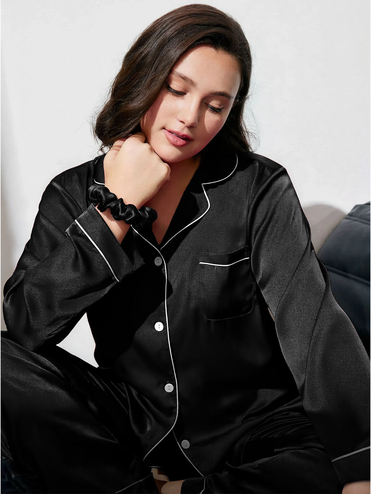 Black Satin Silk Pj Set