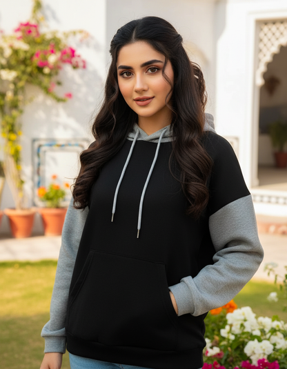 Winter Black With Grey Basic Hoodie For Women
