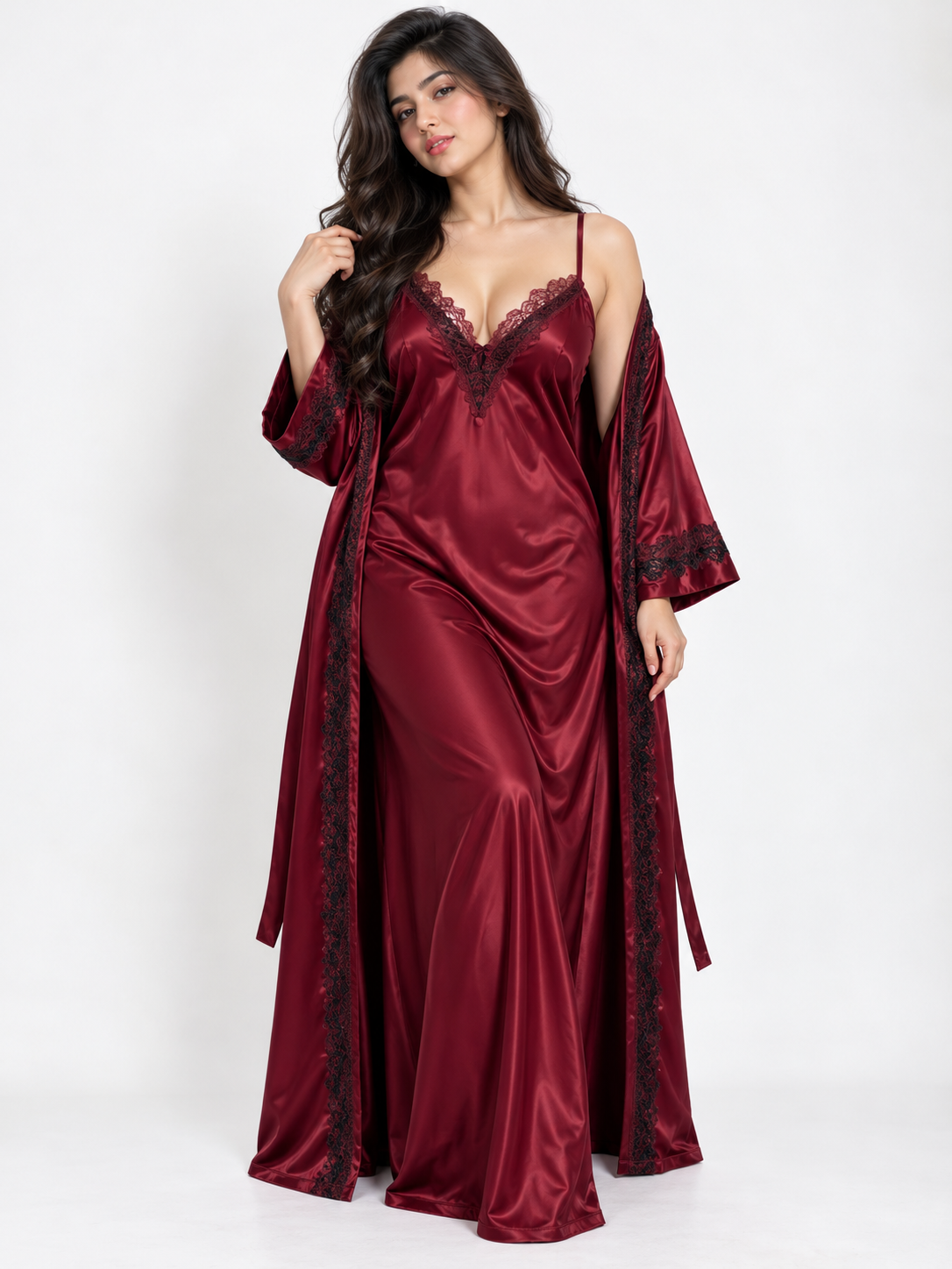 2 Piece Premium Bridal - Lace Trimmed Nightgown & Robe Nighty