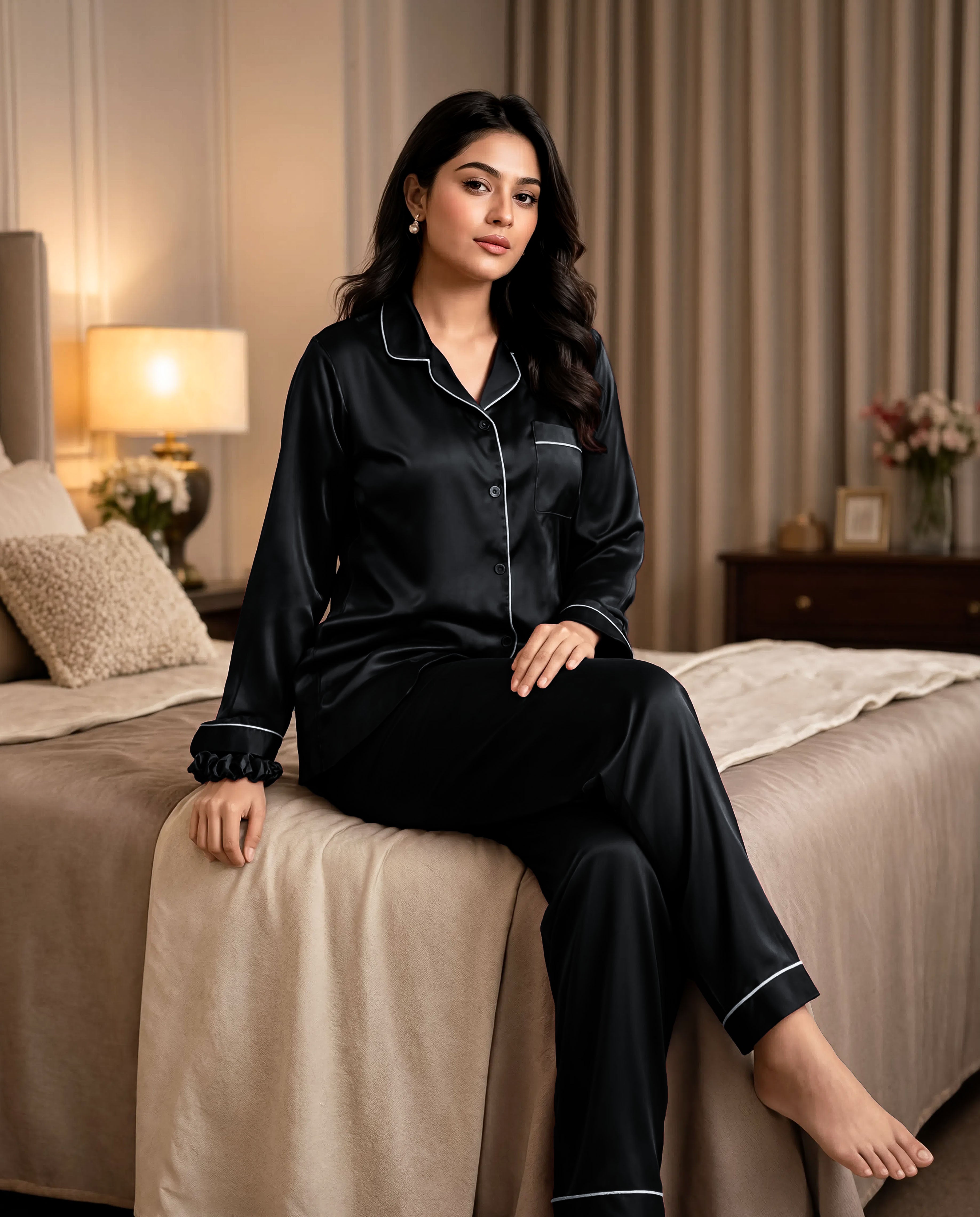 Black Satin Silk Pj Set
