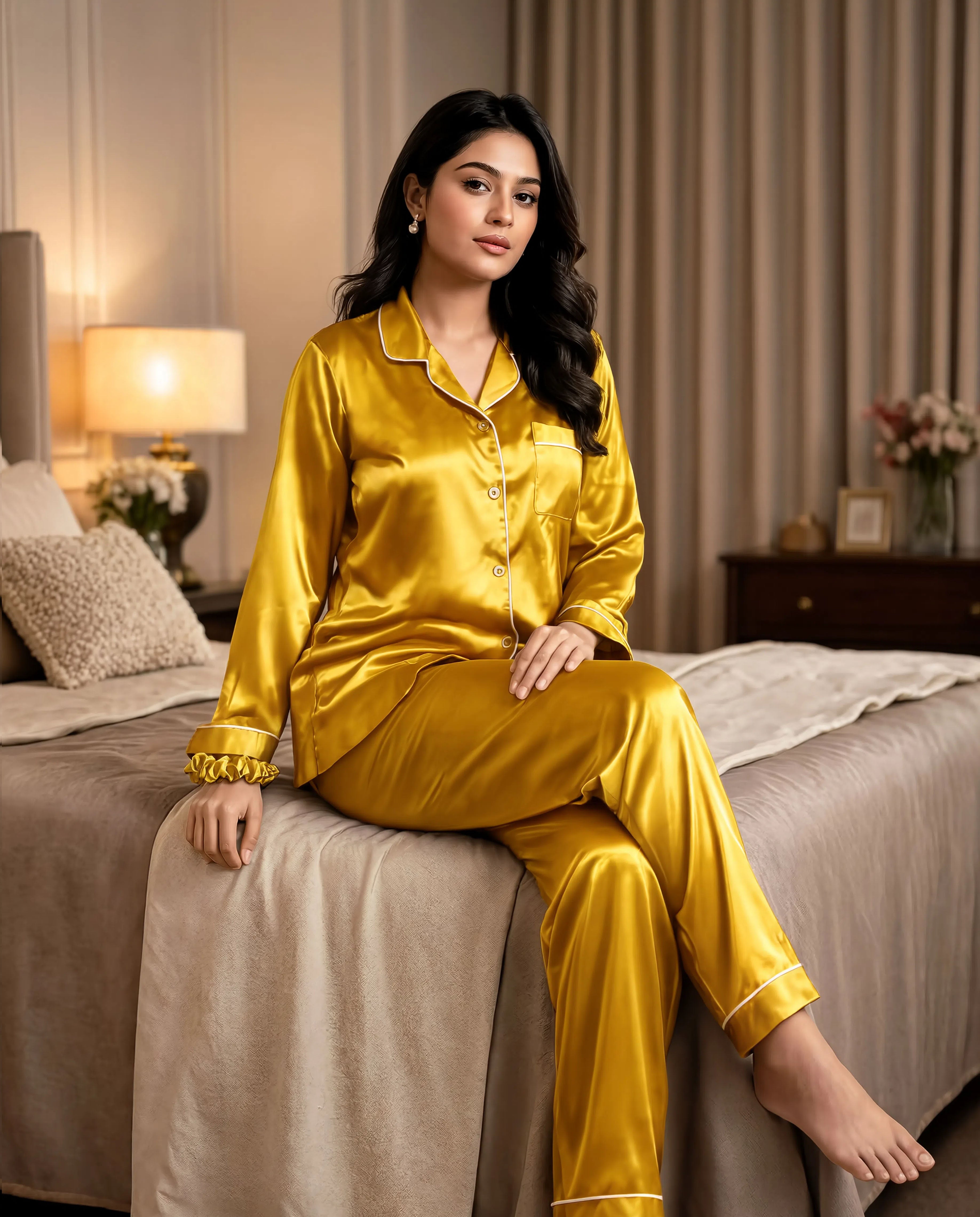 Mustard Satin Silk Pj Set