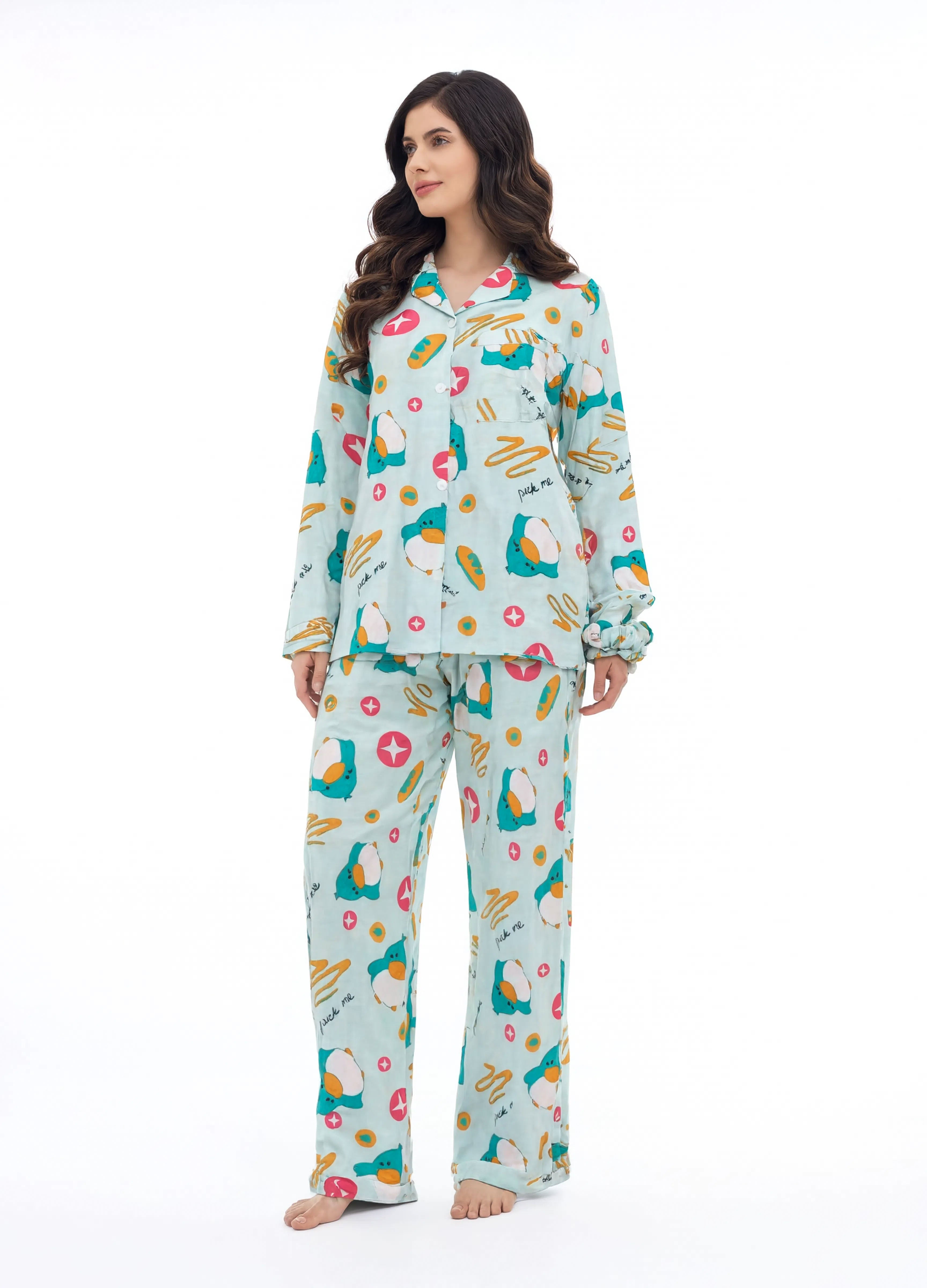 Imported Premium Linen Printed Light Blue Duck Pj Set - PL2