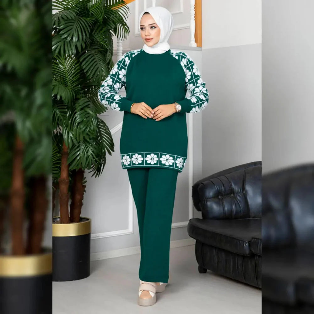 Winter Green Sunflower Printed Long Sleeves 2 PCs Co-Ord Set