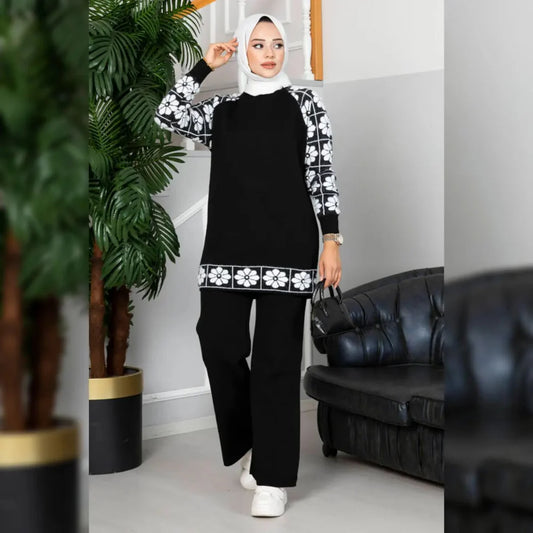 Winter Black Sunflower Printed Long Sleeves 2 PCs Co-Ord Set