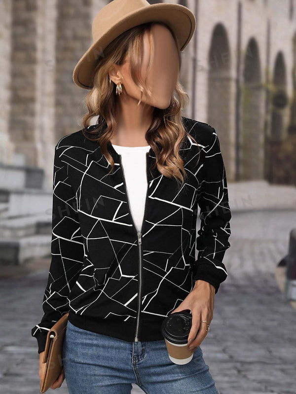 Winter Fleece Geo Printed Jacket For Women - Black