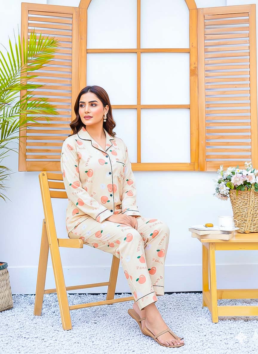 Imported Linen Printed Peach Printed PJ Set-LP29