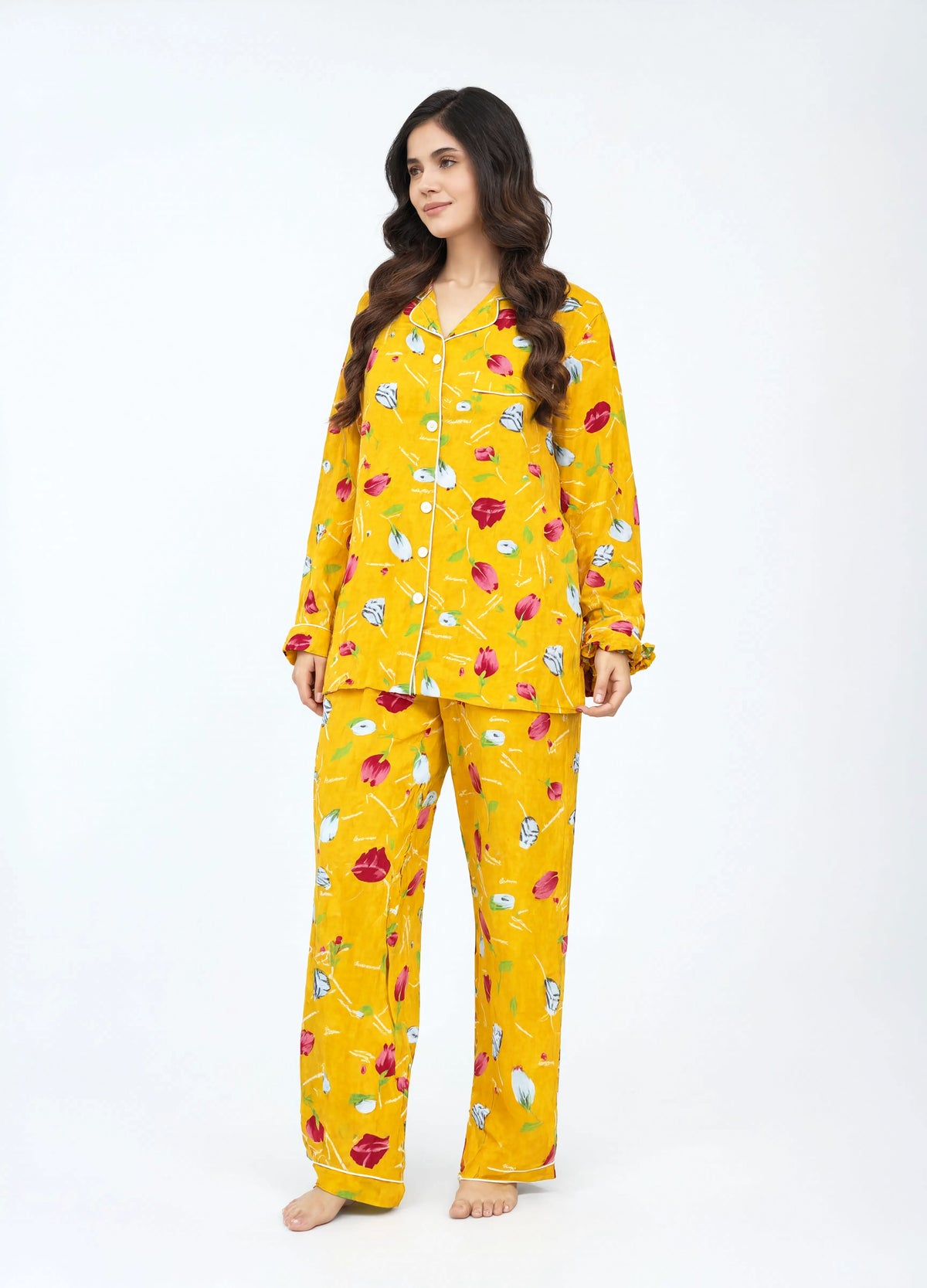 Imported Premium Linen Printed Yellow Tulip PJ Set - PL1