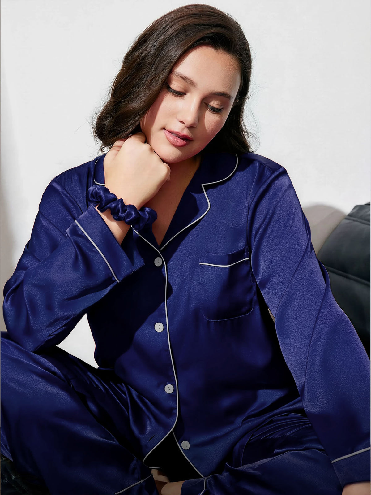 Navy Blue Satin Silk Pj Set