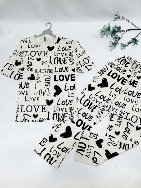 Skin Biege Love Printed Night Suit