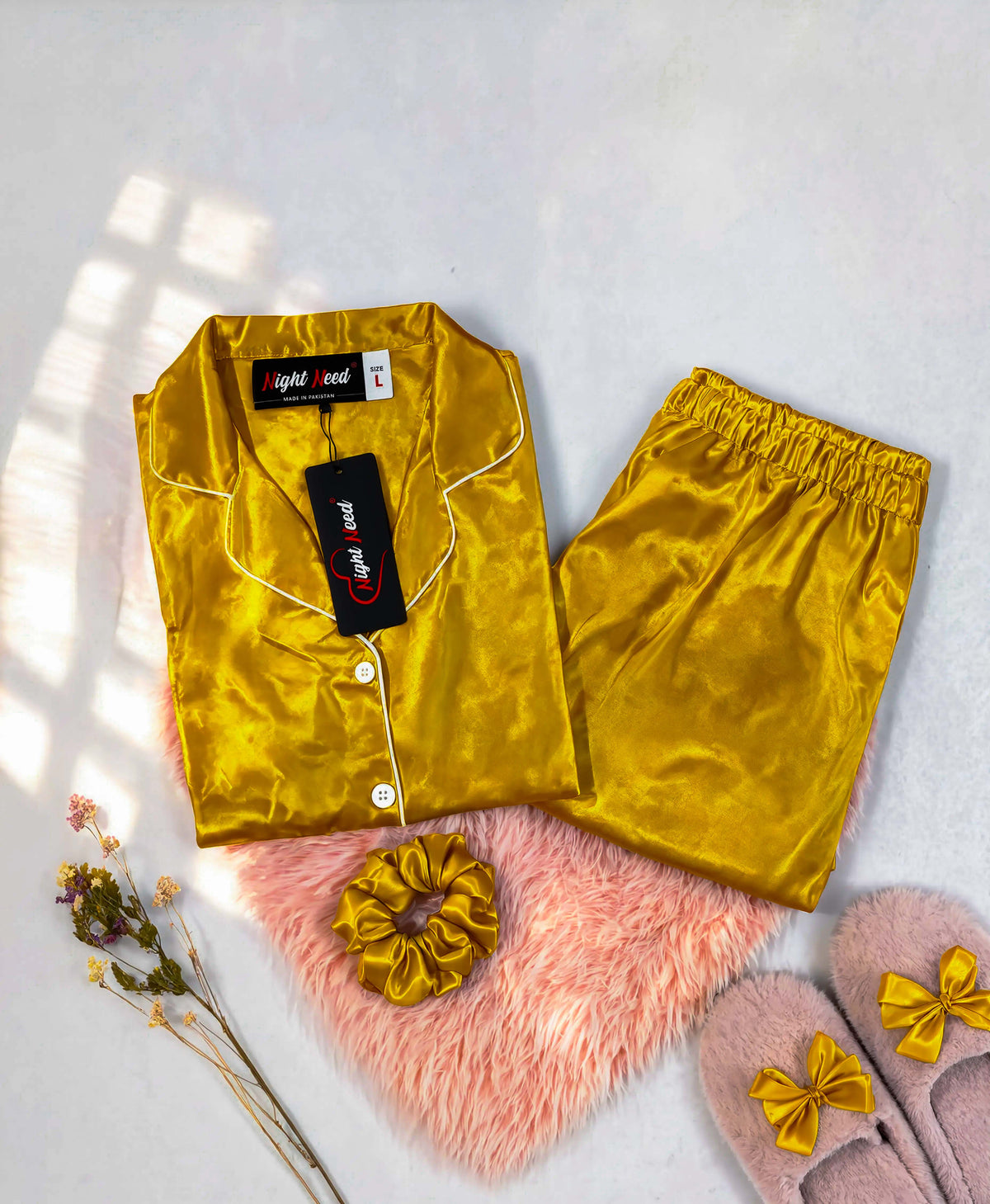 Mustard Satin Silk Pj Set